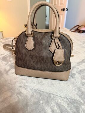 Michael Kors Brown Logo & Beige Trim Mini Satchel